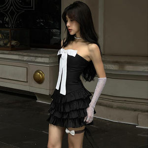 French Girl Style <b>Black</b> Bow <b>Corset</b> Strapless <b>Dress</b> Women Mesh Cake Mini <b>Dress</b> Slim Waist Romantic Summer Party - Product Image 3
