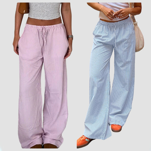 Comfortable Summer Loose Fit Drawstring Waist <b>Pants</b> Color Block Stripes Casual Long <b>Pants</b> for Home Relaxing - Product Image 1