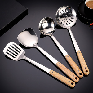 Juego de utensilios de cocina de acero inoxidable, espátula con mango de madera de 2 clavijas, espátula ranurada, cuchara para sopa, colador grande - Product Image 3