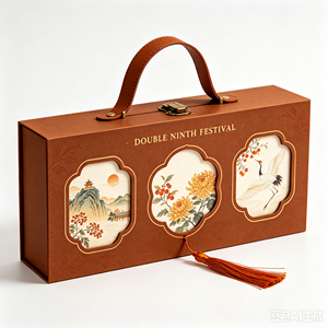 Boîte cadeau de luxe personnalisée marron pour le Double Festival du Nouveau Mois, avec poignée en cuir, emballage en carton, vente en gros, fabricant - Product Image 1