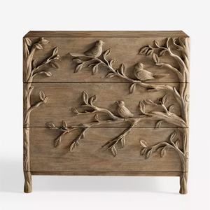 American Country-style Solid Wood Carved Bird Branch Nightstand, Vintage Distressed Single Drawer Open Storage <strong>Bedside</strong> <strong>Table</strong> - Product Image 4
