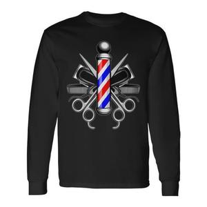 T-shirt à manches longues unisexe à col rond avec impression numérique, motif poteau de barbier, ciseaux et peignes, promotionnel pour adultes - Product Image 1