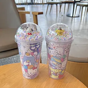 Cangkir plastik kartun Sanrio baru 450ML lapisan ganda cangkir es hancur musim panas kecantikan tinggi Internet selebriti cangkir air sedotan anak-anak