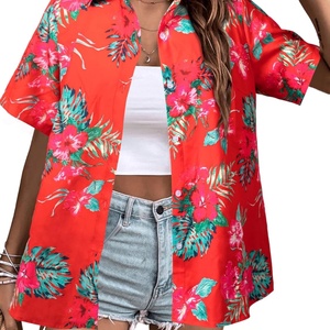 <b>Women's</b> Vintage Retro Short <b>Hawaiian</b> <b>Shirt</b> Knitted Loose Soft Cool Summer Floral Tropic Print V-Neck Blouse Short Sleeve Button - Product Image 4