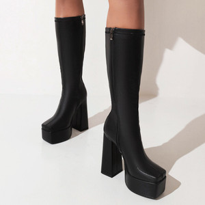 Bottes pour femme à bout carré, avec fermeture éclair latérale, semelle épaisse, en cuir PU noir, plateforme robuste - Product Image 2