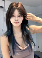 Perruque synthétique ombrée bleu-vert turquoise, coupe loup, à couches moyennes, avec frange, volumineuse, résistante à la chaleur, pour tête entière