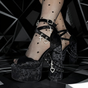 Y2K Dark Style Velvet Lolita Sandals Pearl Decor Plus Size 47 Thick Platform <b>Block</b> Heel Sexy Women Party Shoes - Product Image 1