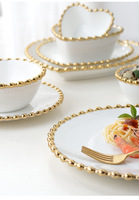Luxe perle point blanc en céramique or bord dîner ensemble maison Restaurant coeur forme bol et assiettes vaisselle ensembles de vaisselle