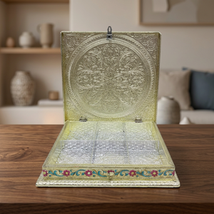 Caja de Madera Plegable Hecha a Mano para Frutos Secos, con Grabado de Pavo Real en Plata Meenakari, Lámina Metálica, Premium, Multicompartimentos, para Bodas y Fiestas - Product Image 4