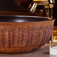 Gran oferta, lavabo de arte con patrón en relieve, lavabo redondo, baño, WC, lavabo, encimera marrón, lavabo de cerámica para jardín, proyecto de Hotel