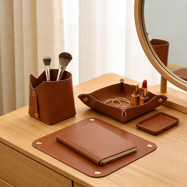 3-Piece PU Leather Desk Organizer Set - Multi-Functional Mouse Pad, Storage Tray & Pen Holder for Office & Home,Corporate Gifts