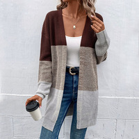 Cardigan à Col en V Femme Automne/Hiver 2024, Pull Tricoté Tendance Bicolore pour Dames