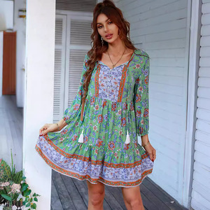 Stile bohémien per le vacanze per il tempo libero abito gonna corta 2024 primavera ed estate stampa fiori <span class=keywords><strong>abbigliamento</strong></span> donna - Product Image 1