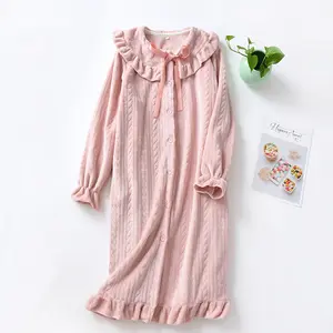 Mùa Đông Dễ Thương Dài Tay Áo Rắn Màu Flannel Lông Cừu Áo Ngủ Cho Phụ Nữ