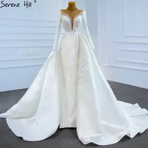 White Satin O Neck Full Sleeves Muslim Mermaid Wedding Dresses Pearls Beading Bridal Gowns Custom Made wedding dress 2024