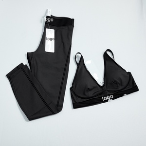 Großhandel Mode Yoga Pilates Stretch Nahtloses Geripptes Hochwertiges Leggings 2-Teiliges Set für Damen - Product Image 4