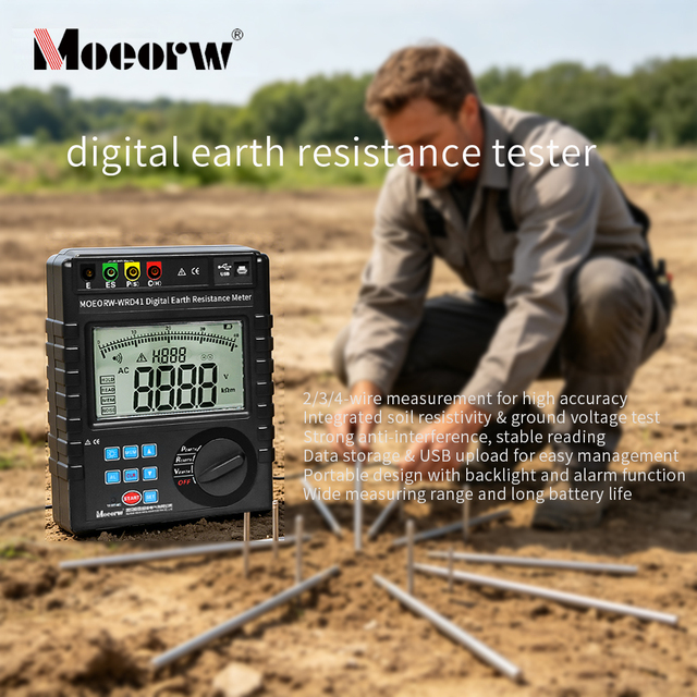 4-Wire Precision Earth Resistance Tester Digital Ground Resistance Meter Soil Resistivity Tester with Backlight Alarm Function
