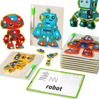 Jeu éducatif 2-en-1 pour l'apprentissage précoce : Puzzle robot DIY et tableau blanc de dessin en bois