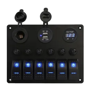 6 Gang Rocker Switch Panel Waterproof Digital Voltmeter Dual USB Ports 12V Outlet LED