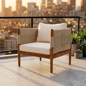 Chaise de jardin minimaliste en teck avec coussin en corde pour patio, hôtel ou cour - Product Image 3