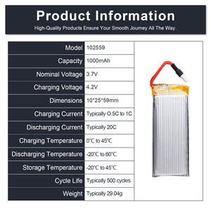 Batterie LiPo polymère au lithium rechargeable 3,7 V 20C 1000 mAh du fabricant 102559 pour appareils ménagers/voitures RC/jouets RC avec certification UL/IEC - Product Image 3