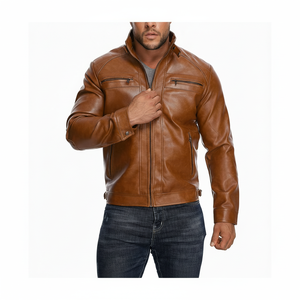 Veste de moto décontractée en similicuir pour hommes avec poches zippées, manteau d'extérieur d'hiver à col montant - Product Image 1