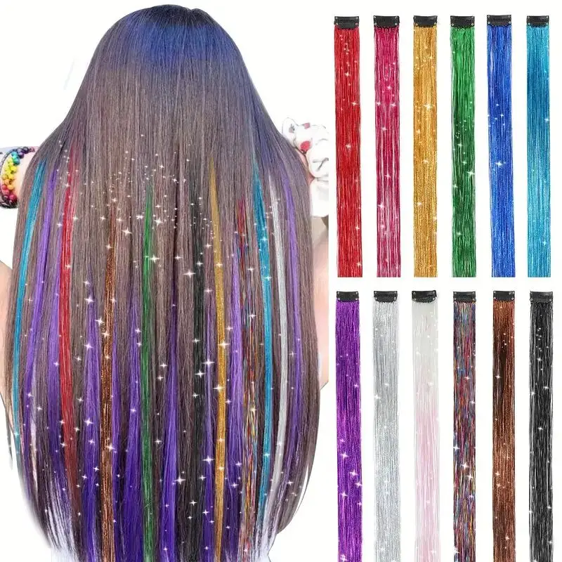 20 Inch Clip In Tinsel Colored Hair Extensions Traceless Hair Extensions Colored Clip In Tinsel Colorful Hair Extensions