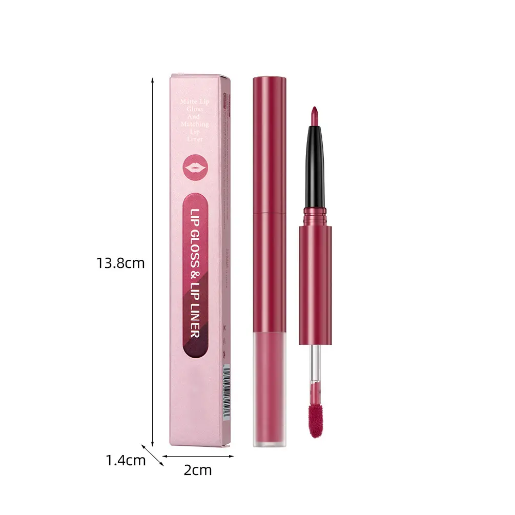 Wasserdichter, langlebiger, reichhaltiger, pigmentierter Duo-Kopf-Samt, seidig matt, 2 in 1 Lip Liner und Lip gloss