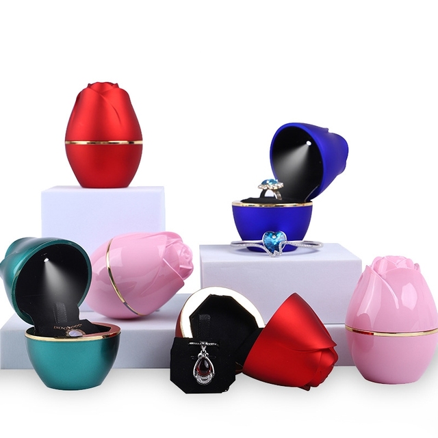 Creative Rose Shape LED Light Ring Box Storage Case Wedding Engagement Proposal Anniversary Jewelry Display Gift Box