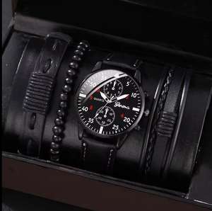 2024 hommes <span class=keywords><strong>marron</strong></span> <span class=keywords><strong>bleu</strong></span> noir PU polyuréthane <span class=keywords><strong>bracelet</strong></span> décontracté <span class=keywords><strong>cadran</strong></span> rond <span class=keywords><strong>montre</strong></span> à Quartz 4 pièces <span class=keywords><strong>montre</strong></span> <span class=keywords><strong>bracelet</strong></span> ensemble CC002 - Product Image 2