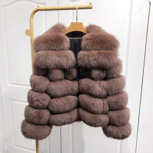 Lusso inverno caldo contrasto colore vera pelliccia giacca donna vera pelle di media lunghezza lavorata a maglia pelliccia di volpe con grande collo di volpe