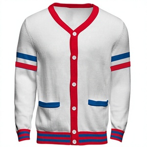 Cardigan blanc pour fraternité et sororité, rayé rouge et bleu, en acrylique tricoté, à manches longues, boutonné devant, pour homme, idéal pour l'école et le collège. - Product Image 1