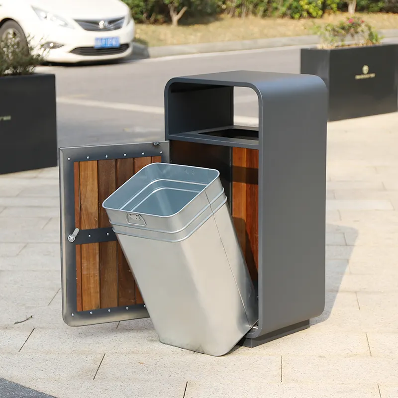 Street urban furniture public stainless steel with wood garbage can outdoor metal trash bin for park