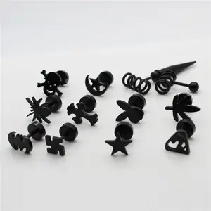 Punk stainless steel superman spider bat black screw back earrings for men boys