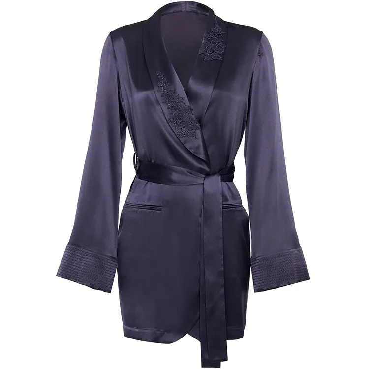 Guixiu Fashion Women's Sexy Satin Long Nightgown Lace Embroidery Slip Lingerie Robes Long sleeved short purple sleepwear
