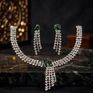 Brass Emerald Green CZ Necklace Set Luxury <b>Silver</b> Plated Cubic Zirconia <b>Choker</b> Drop Earrings For Women Bridal Jewelry - Product Image 3