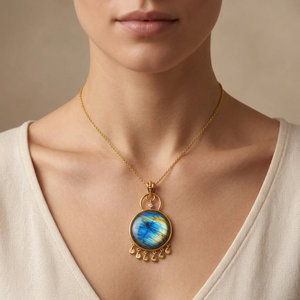18K Gold Plated Natural Labradorite Pendant Necklace With CZ Accent And Teardrop Brass Charms Classic Women's Jewelry Necklace - Product Image 2