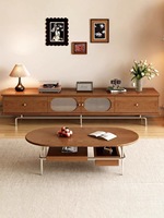 Ensemble table basse et meuble TV en bois massif, console multimédia de style mid-century avec tiroir de rangement, structure en acier inoxydable, meubles de salon