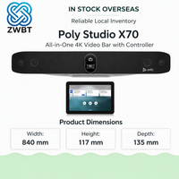 Barre vidéo tout-en-un Poly Studio X70 avec deux caméras 4K UHD, suivi vocal DirectorAI, réduction de bruit NoiseBlockAI pour salles Zoom et Microsoft Teams