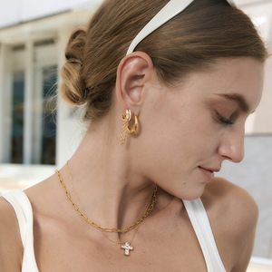 Hoop Earrings Gold Chain Tassel Zircon Inlay Everyday Wear - Product Image 3