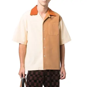 OEM custom short sleeve lapel contrast corduroy paneled bowling shirts men's casual slim fit shirts with one chest pocket