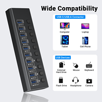 Hub USB 3.0 en alliage d'aluminium 10 en 1 avec interrupteurs indépendants, station d'accueil USB alimentée pour ordinateur de bureau, ordinateur portable, PC
