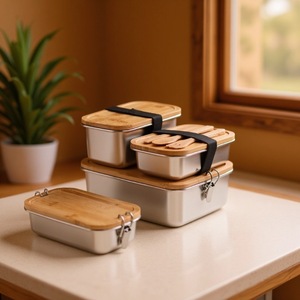304 Stainless Steel Bamboo Lid Lunch Box Rectangle Double Buckle Strap Food <b>Storage</b> <b>Container</b> For Students Office Workers - Product Image 4