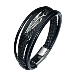 Drop Shipping Antique Silver Leaves Real Leather Stainless Steel Magnetic Clasp Cuff Bangles Fashion Men's Leaf Bracelets