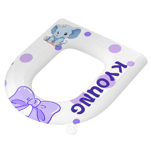 Funda de asiento de inodoro Eva, suave e impermeable para niños, con diseño de elefante, nombre personalizado, patrón de lazo morado, uso en las 4 estaciones - Product Image 1