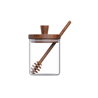 Tarro de miel de vidrio de borosilicato de 450 ml con tapa de madera de acacia y cucharón de madera, dispensador de jarabe sin plástico y sin BPA, set de regalo ecológico