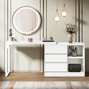 <span class=keywords><strong>Mesa</strong></span> de Maquillaje Moderna de Esquina con 3 Cajones y 2 Estantes, Escritorio Compacto Blanco con Organizador Reversible - Product Image 3