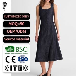 Vestido Vaquero Personalizado con Logotipo para Mujer, Formal, Cuello Cuadrado, Sin Mangas, Corte Ajustado, Estilo Vintage, Lavado Ácido, Desgastado, Vaquero Crudo - Product Image 1