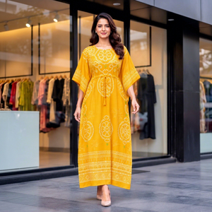 Caftán largo de algodón estampado de moda, estilo crepé francés, con cinturón central ajustable, talla única para mujer, sin arrugas, de secado rápido - Product Image 1