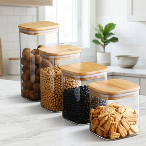 <span class=keywords><strong>Pot</strong></span> de stockage en verre de cuisine carré à haute teneur en borosilicate <span class=keywords><strong>pot</strong></span> de bouteilles d'herbes pour épices à café alimentaire avec couvercle en bois de bambou - Product Image 1